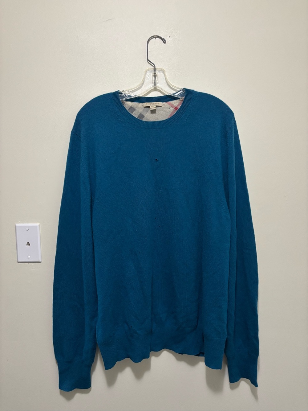 Burberry Brit 100% Cashmere Sweater Mens XXL Blue Nova Check Elbow Patch AS IS